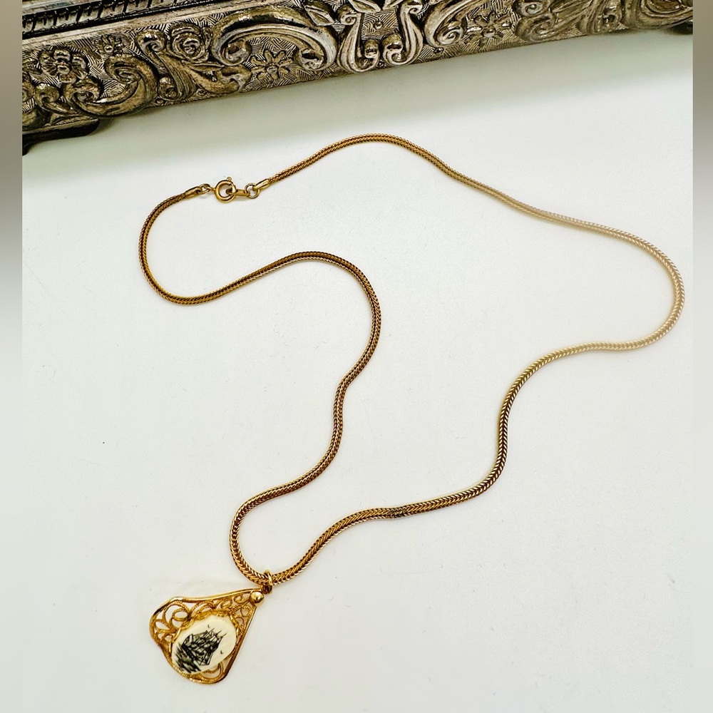 Vintage Scrimshaw Ship Pendant Necklace